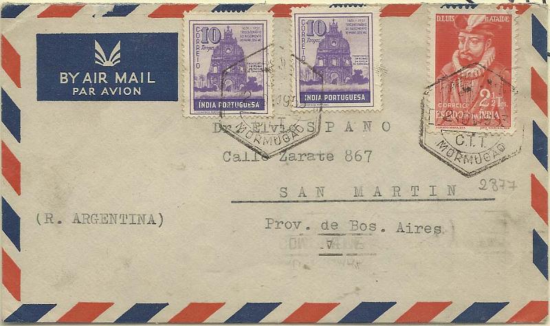1753.jpg -     Lote:    1753      Lotes pelo Correio       Índia Portuguesa       Descrição:         1948/51 &mdash; Vultos da Índia + Tricentenário de Padre José Vaz. Sobrescrito circulado de Mormugão (12.11.53) para os EUA (26.11.53) com selos de 2 &frac12; T CE387 + 2x10T CE423.         Carta       Valor Base:     &euro; 8,00     Valor Venda:     &euro; 8,00       