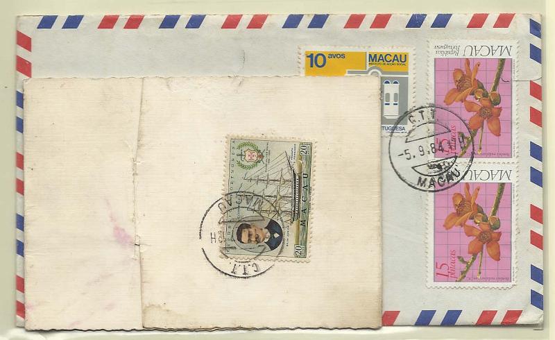 1756.jpg -     Lote:    1756      Lotes pelo Correio       Macau       Descrição:         1967/83 - Centenário do Clube Militar Naval + Edifícios de Macau + Plantas Medicinais. Lote de dois sobrescritos com selos CE416, CE474 e 2xCE483.         Lote       Valor Base:     &euro; 6,00     Valor Venda:     Retirado     