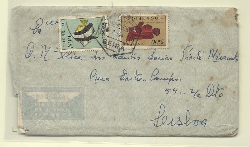 1762.jpg -     Lote:    1762      Lotes pelo Correio       Moçambique       Descrição:         1951 &mdash; Peixes de Moçambique. Sobrescrito circulado da Beira (04.02.54) para Lisboa, com selos de 1$00 CE363 e 5$00 CE371.        Carta       Valor Base:     &euro; 5,00     Valor Venda:     Retirado     
