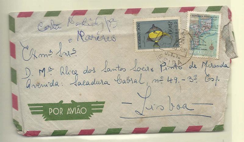 1763.jpg -     Lote:    1763      Lotes pelo Correio       Moçambique       Descrição:         1951 &mdash; Peixes de Moçambique + Mapa de Moçambique. Sobrescrito circulado da Beira (21.07.58) para Lisboa, com selos de 8$00 CE373 e $50 CE414.        Carta       Valor Base:     &euro; 5,00     Valor Venda:     Retirado     
