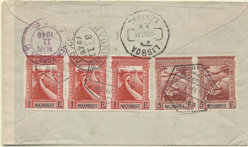 1767.jpg -     Lote:    1767      Lotes pelo Correio       Moçambique       Descrição:         1938 &mdash; Correio aéreo. Império Colonial Português. CE CA7, 5E (par) + tira de 3 selos de 1E CE301 em carta circulada registada da Beira (22.02.46) para os EUA (11.03.46) com trânsito por lisboa (05.03.46)..        Carta       Valor Base:     &euro; 16,00     Valor Venda:     Retirado     