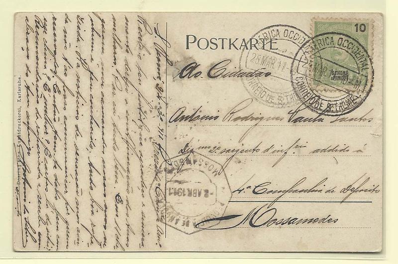 1770.jpg -     Lote:    1770      Lotes pelo Correio       São Tomé e Príncipe       Descrição:         1898 &mdash; D. Carlos I Mouchon. Postal ilustrado circulado de S. Tomé (25.03.11) para Moçamedes (02.04.11) com selo de 10 reis CE45.         PI       Valor Base:     &euro; 6,00     Valor Venda:     &euro; 6,00       
