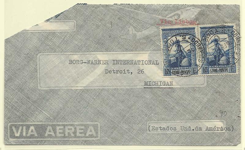 1771.jpg -     Lote:    1771      Lotes pelo Correio       São Tomé e Príncipe       Descrição:         1939 &mdash; Império Colonial Português. CE332, 1$75 azul. Par circulado em carta remetida de S. Tomé (01.02.48) para os EUA, com trânsito por Lisboa (18.02.48).         Carta       Valor Base:     &euro; 6,00     Valor Venda:     Retirado     