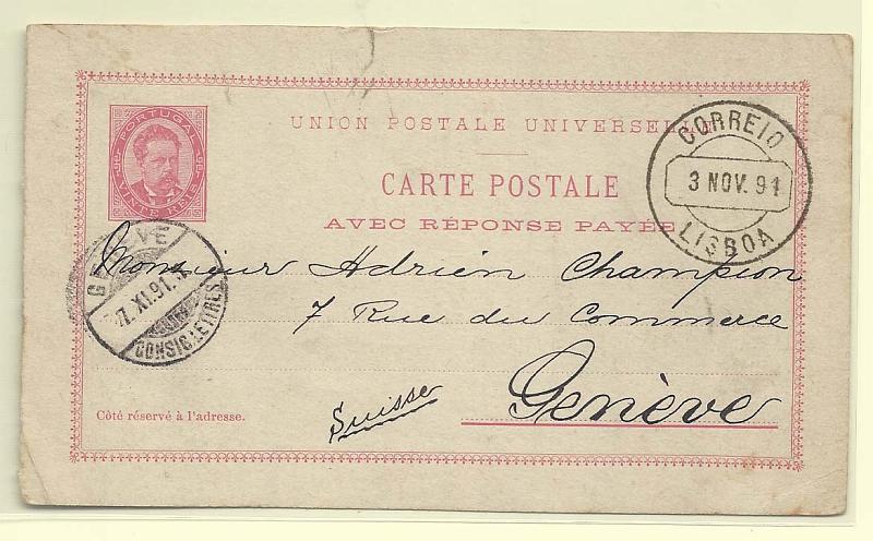 1773.jpg -     Lote:    1773      Lotes pelo Correio       Portugal        Descrição:         1884/87 &mdash; D. Luís I. De frente. OM12, 20+20 reis rosa claro. Primeira folha circulada de Lisboa (03.11.91) para Geneve (07.11.91). B e R.        IC       Valor Base:     &euro; 5,00     Valor Venda:     Retirado     