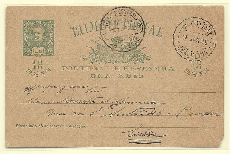 1775.jpg -     Lote:    1775      Lotes pelo Correio       Portugal        Descrição:         1898 &mdash; D. Carlos I Mouchon. OM23, 10 reis verde, circulado de Soalheira (16.01.98) para Lisboa (17.01.98). Carimbo batido a preto SOALHEIRA.        IC       Valor Base:     &euro; 6,00     Valor Venda:     &euro; 6,00       