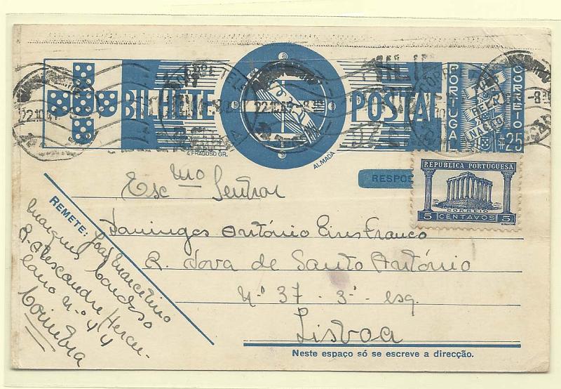 1782.jpg -     Lote:    1782      Lotes pelo Correio       Portugal        Descrição:         1936/39 &mdash; Tudo pela Nação, com selo adicional de 5c Templo de Diana. OM83, $25 azul. Circulado em Lisboa (21.10.41).        IC       Valor Base:     &euro; 6,00     Valor Venda:     &euro; 6,00       