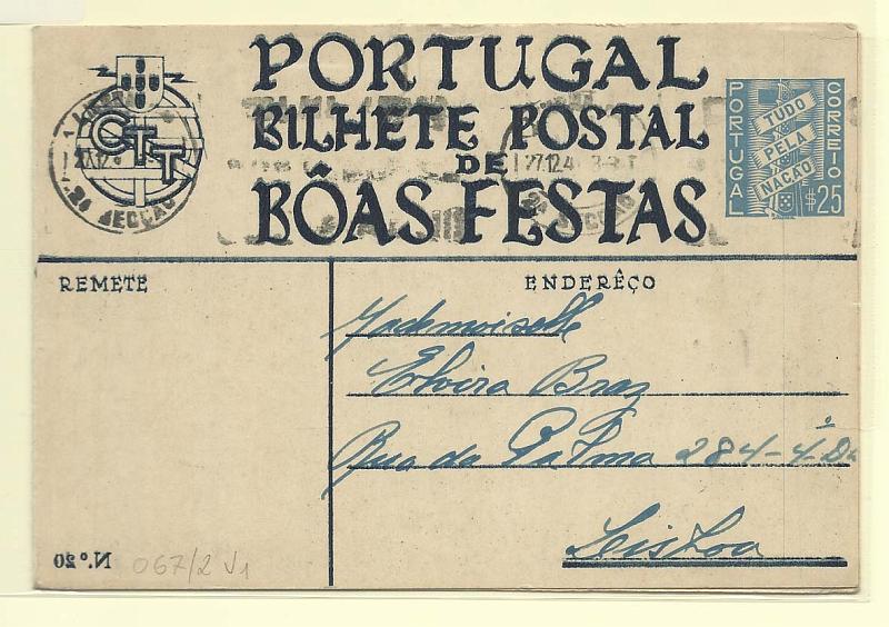 1786.jpg -     Lote:    1786      Lotes pelo Correio       Portugal        Descrição:         1939 &mdash; Boas Festas. Selo tipo Tudo pela Nação. OM89, $25 azul. N.º 20 * número invertido (azul) circulado em Lisboa (27.12.40).        IC       Valor Base:     &euro; 12,00     Valor Venda:     &euro; 17,00       