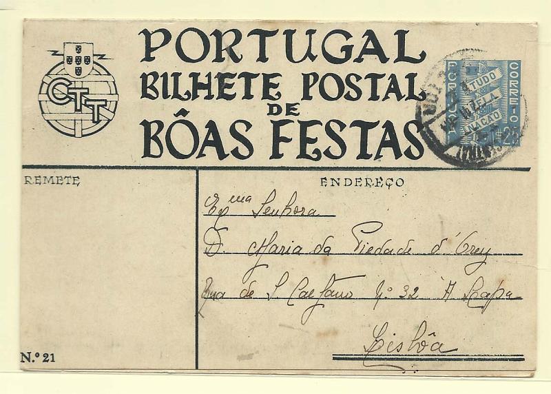 1788.jpg -     Lote:    1788      Lotes pelo Correio       Portugal        Descrição:         1939 &mdash; Boas Festas. Selo tipo Tudo pela Nação. OM89, $25 azul. N.º 21 (verde) circulado  do Porto para Lisboa.        IC       Valor Base:     &euro; 8,00     Valor Venda:     &euro; 12,00       