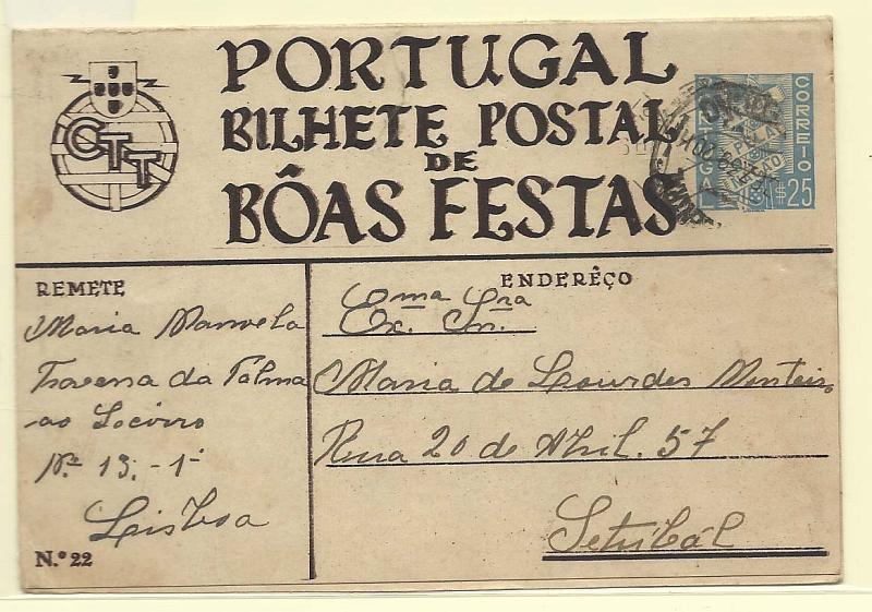 1789.jpg -     Lote:    1789      Lotes pelo Correio       Portugal        Descrição:         1939 &mdash; Boas Festas. Selo tipo Tudo pela Nação. OM89, $25 azul. N.º 22 (violeta) circulado de Lisboa (31.12.39) para Setúbal.        IC       Valor Base:     &euro; 8,00     Valor Venda:     &euro; 12,00       