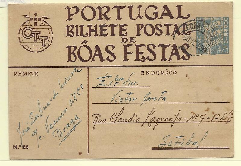 1791.jpg -     Lote:    1791      Lotes pelo Correio       Portugal        Descrição:         1939 &mdash; Boas Festas. Selo tipo Tudo pela Nação. OM89, $25 azul. N.º 22 (castanho) circulado  de Braga (30.12.39) para Setúbal.        IC       Valor Base:     &euro; 8,00     Valor Venda:     &euro; 12,00       