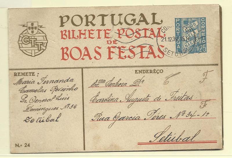 1793.jpg -     Lote:    1793      Lotes pelo Correio       Portugal        Descrição:         1939 &mdash; Boas Festas. Selo tipo Tudo pela Nação. OM89, $25 azul. N.º 24. Circulado em Setúbal (21.12.39)        IC       Valor Base:     &euro; 8,00     Valor Venda:     &euro; 10,00       