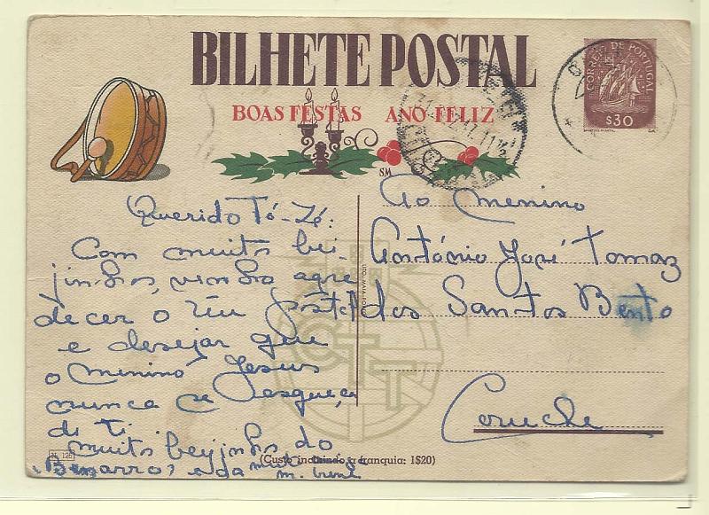 1796.jpg -     Lote:    1796      Lotes pelo Correio       Portugal        Descrição:         1947 - Boas Festas. Selo tipo Caravela. OM109, n.º 126 &mdash; O Zé Pereira. Circulado para Coruche (31.12.47).        IC       Valor Base:     &euro; 6,00     Valor Venda:     &euro; 6,00       