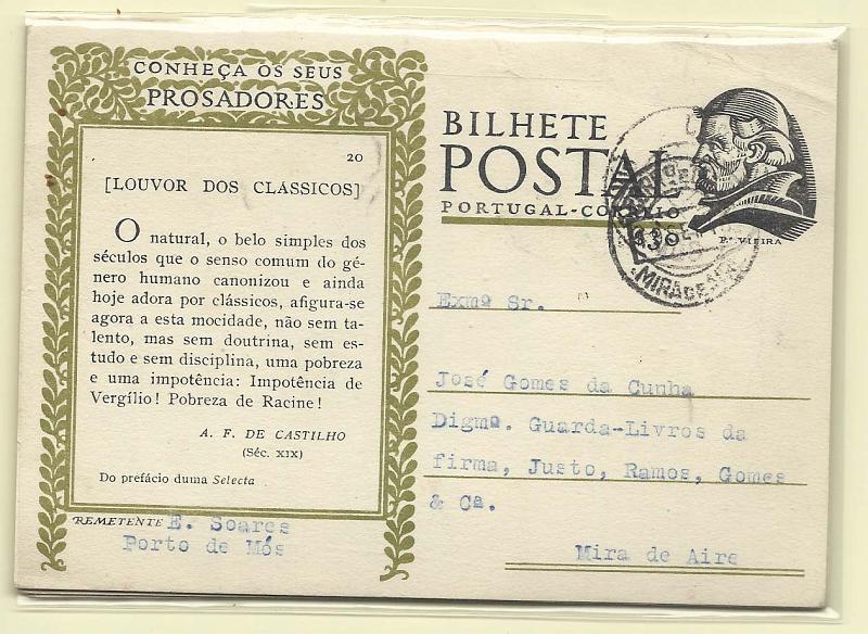 1797.jpg -     Lote:    1797      Lotes pelo Correio       Portugal        Descrição:         1948 &mdash; Conheça a sua Poesia + Conheça os seus Prosadores + 3.ª série S.P.P.. Lote de 6 inteiros: OM110 (n.ºs 5, 6 e 10) + OM111 (n.º s8 e 20) + OM104 R &mdash; Lisboa. Circulados.        Lote       Valor Base:     &euro; 6,00     Valor Venda:     &euro; 14,00       