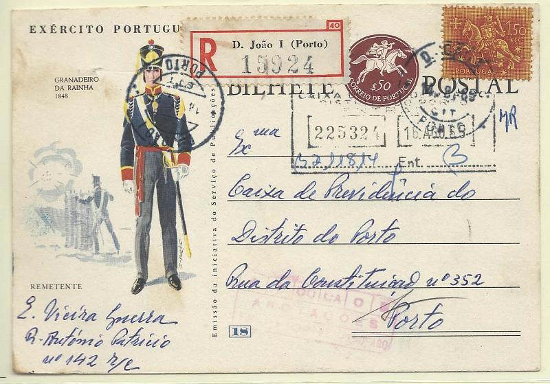 1805.jpg -     Lote:    1805      Lotes pelo Correio       Portugal        Descrição:         1964 &mdash; Postilhão * Exército português- OM158, $50 castanho-lilás. N.º 18 &mdash; Granadeiro. Circulado registado no Porto (14.08.65) com selo adicional de 1$50 tipo cavaleiro Medieval.        IC       Valor Base:     &euro; 8,00     Valor Venda:     &euro; 8,00       