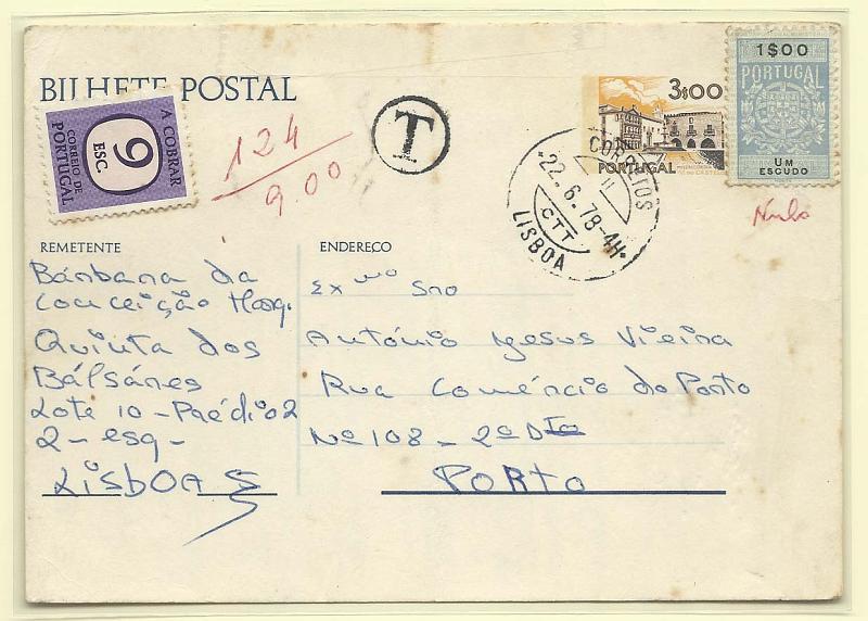 1810.jpg -     Lote:    1810      Lotes pelo Correio       Portugal        Descrição:         1977 &mdash; Paisagens e Monumentos. OM168 3$00 circulado com selo fiscal adicional de 1$00 para completar o porte devido. Considerado o selo fiscal nulo foi o inteiro porteado com selo de 9$00 CE POR77.        IC       Valor Base:     &euro; 6,00     Valor Venda:     &euro; 11,00       