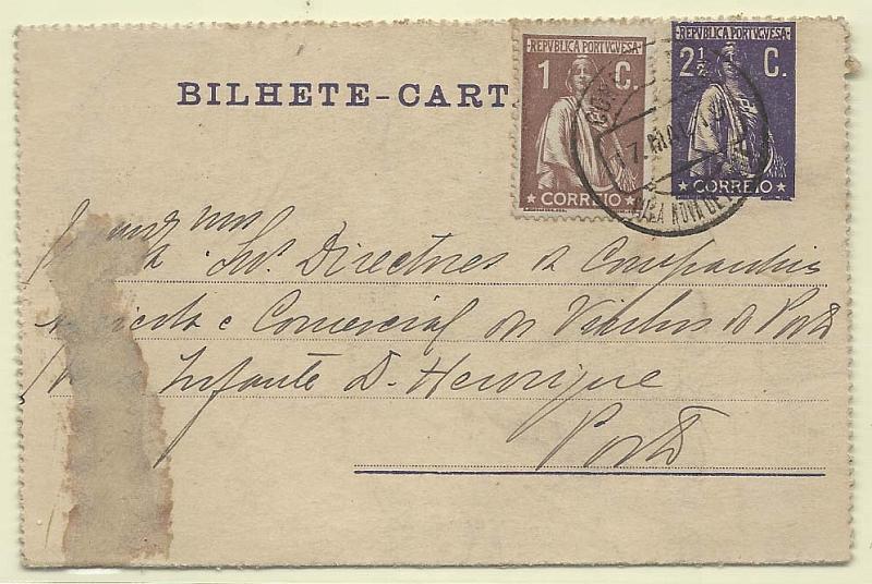 1818.jpg -     Lote:    1818      Lotes pelo Correio       Portugal        Descrição:         1912 &mdash; Ceres. Bilhetes-Cartas. OM17, 2 &frac12; c violeta escuro, circulado com adicional de 1c castanho Ceres de Vila Nova de Gaia (17.05.19) para o Porto.        IC       Valor Base:     &euro; 5,00     Valor Venda:     Retirado     