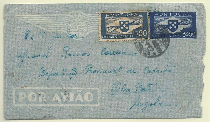 1820.jpg -     Lote:    1820      Lotes pelo Correio       Portugal        Descrição:         1939 &mdash; Tipo Hélice. Sobrescritos de Correio Aéreo. OM1, 3$50 azul. Circulado de Lisboa (21.11.45) para Silva Porto (06.12.45)) com selos adicionais CE CA1.        IC       Valor Base:     &euro; 10,00     Valor Venda:     Retirado     