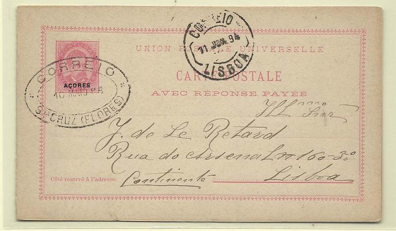 1823.jpg -     Lote:    1823      Lotes pelo Correio       Açores       Descrição:         1884/87 &mdash; D. Luís I, de frente, com sobrecarga "Açores". OM17, 20+20 reis rosa. Completo, com a primeira folha circulada de St.ª Cruz (Flores) (10.05.94) para Lisboa (11.06.94).        IC       Valor Base:     &euro; 10,00     Valor Venda:     Retirado     
