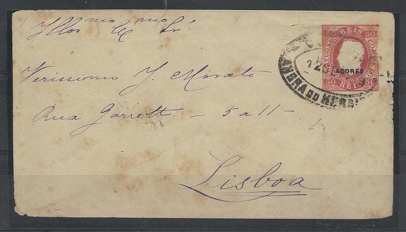 1824.jpg -     Lote:    1824      Lotes pelo Correio       Açores       Descrição:         1879 &mdash; D. Luís I, fita curva, com sobrecarga Açores. Impressão em relevo. Sob rescritos. OM2, 50 reis rosa, tamanho B. Circulado de Angra do Heroísmo (12.09.89) para Lisboa.        IC       Valor Base:     &euro; 10,00     Valor Venda:     &euro; 10,00       
