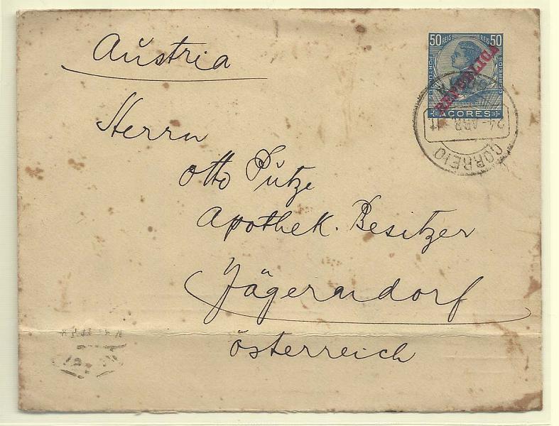 1825.jpg -     Lote:    1825      Lotes pelo Correio       Açores       Descrição:         1910 &mdash; D. Manuel II com sobrecarga REPUBLICA. OM7, 50 reis azul, circulado da Horta (24.04.11) para a Áustria. Ligeiras manchas.         IC       Valor Base:     &euro; 12,00     Valor Venda:     &euro; 12,00       