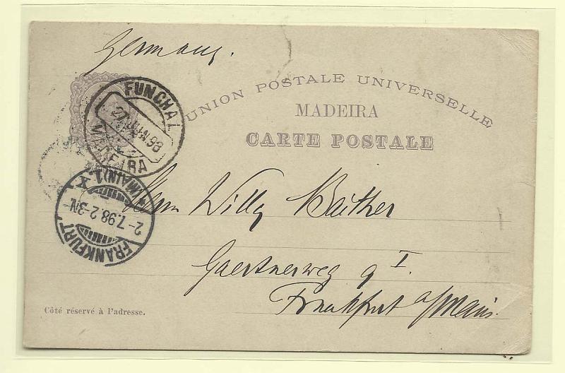 1826.jpg -     Lote:    1826      Lotes pelo Correio       Madeira       Descrição:         1898 &mdash; 4.º Centenário do Descobrimento do Caminho Marítimo para a Índia. Emissão da Madeira. OM9, 20 reis violeta (Vasco da Gama), circulado do Funchal (27.06.98) para Frankfurt (01.07.98).        IC       Valor Base:     &euro; 5,00     Valor Venda:     Retirado     