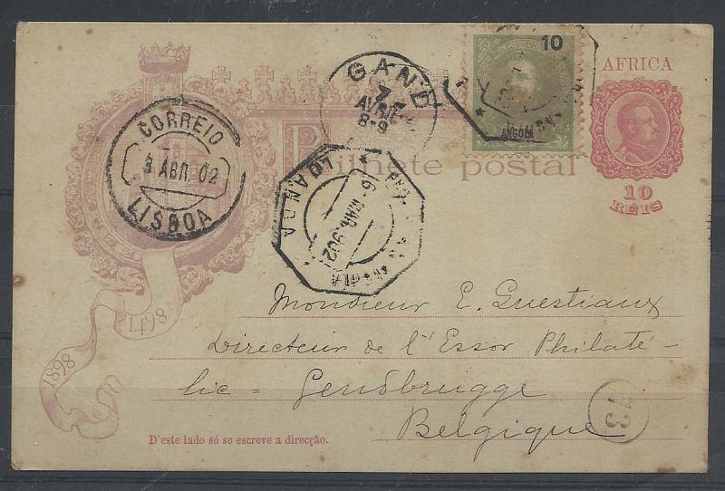 1828.jpg -     Lote:    1828      Lotes pelo Correio       Angola       Descrição:         1898 &mdash; 4.º Centenário do Descobrimento do Caminho Marítimo para a Índia. CE1, 10 reis (Vista exterior do Convento de cristo). Circulado de Luanda (06.03.02) para Gand (07.04.02) com trânsito por Lisboa (03.04.02), com selo adicional de 10 reis CE40.        IC       Valor Base:     &euro; 15,00     Valor Venda:     &euro; 15,00       
