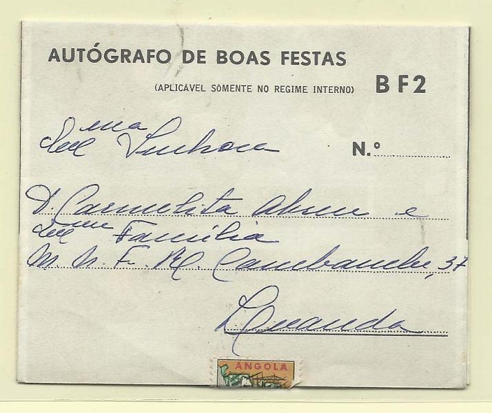 1831.jpg -     Lote:    1831      Lotes pelo Correio       Angola       Descrição:         1955 &mdash; Boas Festas. Emissão CTTU. OM15 &mdash; BF2. Circulado com selo de Povoamento cortado na abertura.        IC       Valor Base:     &euro; 5,00     Valor Venda:     &euro; 5,00       