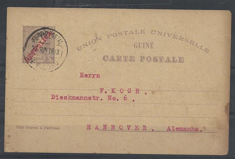 1839.jpg -     Lote:    1839      Lotes pelo Correio       Guiné       Descrição:         1903 &mdash; D. Carlos I, tipo Mouchon, com sobrecarga REPUBLICA. OM12, 20 reis violeta. Circulado de Bissau (27.06.13) para Honover.        IC       Valor Base:     &euro; 8,00     Valor Venda:     Retirado     