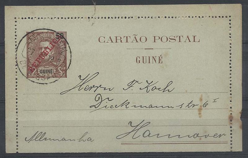 1840.jpg -     Lote:    1840      Lotes pelo Correio       Guiné       Descrição:         1903 &mdash; D. Carlos I, tipo Mouchon, com sobrecarga REPUBLICA. Bilhetes-cartas. OM7, 50 reis castanho. Circulado de Bissau (27.06.13) para Hanover.         IC       Valor Base:     &euro; 8,00     Valor Venda:     Retirado     