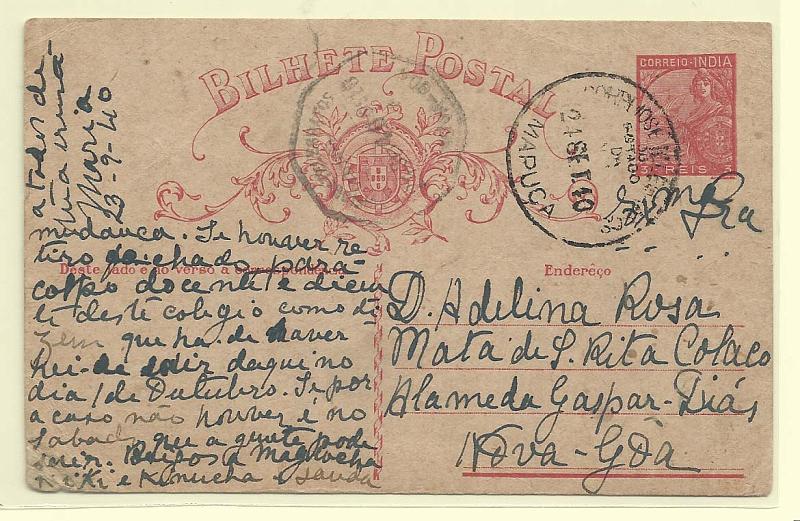 1846.jpg -     Lote:    1846      Lotes pelo Correio       Índia Portuguesa       Descrição:         1934 &mdash; Lusíadas. OM39, 3 reis carmim. Circulado de Mapuça (21.09.40) para Nova Goa.         IC       Valor Base:     &euro; 10,00     Valor Venda:     Retirado     