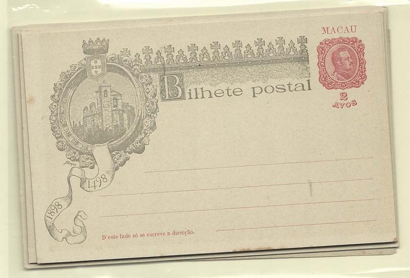 1847.jpg -     Lote:    1847      Lotes pelo Correio       Macau       Descrição:         1898 &mdash; Centenário do Descobrimento do Caminho Marítimo para a Índia. Lote com 10 inteiros. OM1, 10 reis (série completa de 8 inteiros  + OM2 tipo A e C. Novos.         IN       Valor Base:     &euro; 15,00     Valor Venda:     &euro; 15,00       