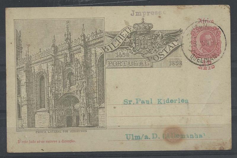 1848.jpg -     Lote:    1848      Lotes pelo Correio       Moçambique       Descrição:         1898 &mdash; 4.º Centenário do Descobrimento do Caminho Marítimo para a Índia, emissão de África. OM1 (Porta Lateral dos Jerónimos), 10 reis rosa carmim. Circulado de Quelimane (23.06.98) para a Alemanha, como impresso. Inteiro com manchas.        IC       Valor Base:     &euro; 6,00     Valor Venda:     Retirado     