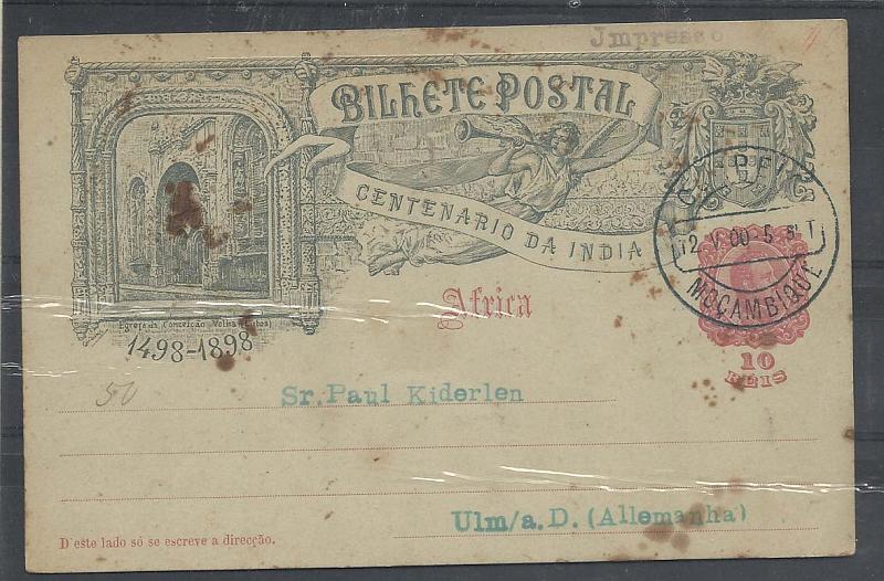 1849.jpg -     Lote:    1849      Lotes pelo Correio       Moçambique       Descrição:         1898 &mdash; 4.º Centenário do Descobrimento do Caminho Marítimo para a Índia, emissão de África. OM1 (Igreja da Conceição Velha), 10 reis rosa carmim. Circulado de Moçambique (12.05.00) para a Alemanha, como impresso. Inteiro com manchas.        IC       Valor Base:     &euro; 6,00     Valor Venda:     Retirado     