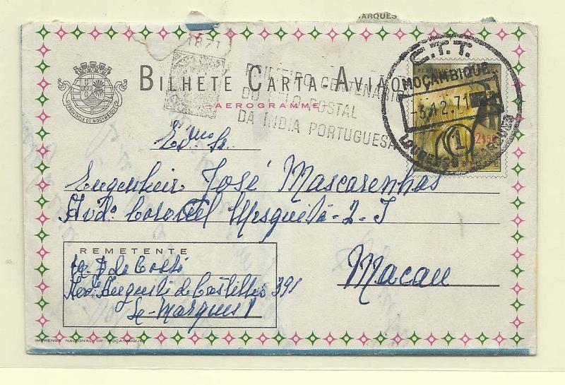 1850.jpg -     Lote:    1850      Lotes pelo Correio       Moçambique       Descrição:         1969 &mdash; Desenhos diversos. Inhala, fundo Museu Álvaro de Castro. OM38, 2$59. Circulado de Lourenço Marques (03.12.71) para Macau.        IC       Valor Base:     &euro; 8,00     Valor Venda:     &euro; 8,00       
