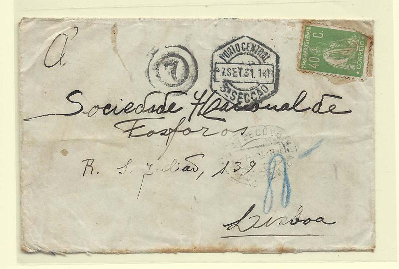 1854.jpg -     Lote:    1854      Lotes pelo Correio              Descrição:         Porteado. 1926 &mdash; Ceres. Sobrescrito circulado do Porto (07.09.31) para Lisboa com selo de 40c. Insuficientemente franquiado foi porteado com selos de 32 e 48c CE POR36 e 39.         Carta       Valor Base:     &euro; 8,00     Valor Venda:     &euro; 8,00       