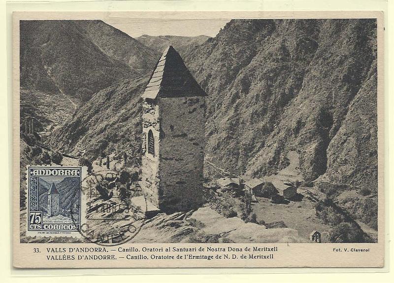 1872.jpg -     Lote:    1872      Lotes pelo Correio              Descrição:         Andorra. Santuário de Nossa Senhora de Meritxell. Postal ilustrado concordante com selo de 75c SC44, obliterados com marca de dia de Andorra / Canillo (14.04.53).        PM       Valor Base:     &euro; 5,00     Valor Venda:     Retirado     