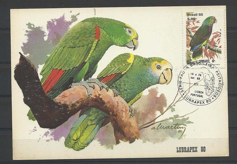 1880.jpg -     Lote:    1880      Lotes pelo Correio              Descrição:      Brasil   &mdash; Papagaio. Postal ilustrado concordante com selo de 5,00 Lubrapex'80 obliterados com carimbo da exposição.        PM       Valor Base:     &euro; 5,00     Valor Venda:     &euro; 5,00       
