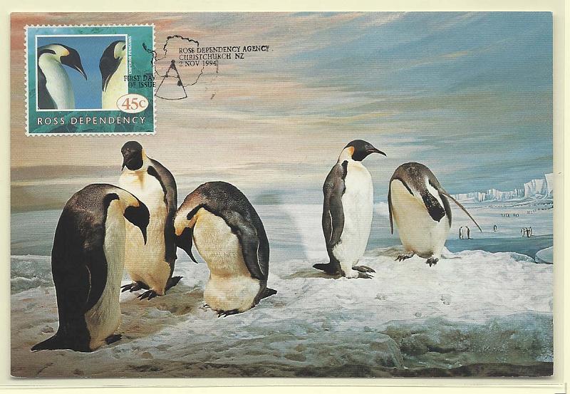 1892.jpg -     Lote:    1892      Lotes pelo Correio              Descrição:      Ilhas Ross.   Pinguim Imperador. Postal ilustrado concordante com selo de 45c, obliterados com carimbo comemorativo de Ross (02.11.94).        PM       Valor Base:     &euro; 12,00     Valor Venda:     &euro; 12,00       