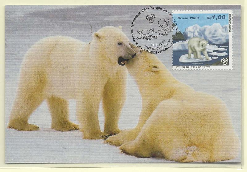 1910.jpg -     Lote:    1910      Lotes pelo Correio              Descrição:      Brasil.   Urso polar. Postal ilustrado concordante com selo de 1,00R, obliterados com carimbo de 1.º dia de circulação (triplo) de Brasília (18.03.2009).        PM       Valor Base:     &euro; 4,00     Valor Venda:     Retirado     