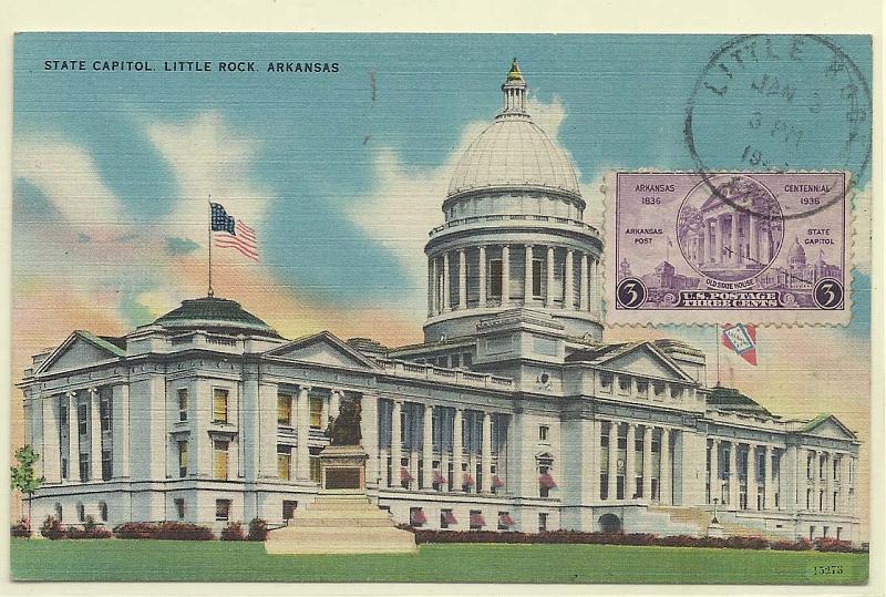 1916.jpg -     Lote:    1916      Lotes pelo Correio              Descrição:         EUA * Arkansas. Centenário (1835-1935). Postal ilustrado concordante com selo de 3c, SC782, obliterados com marca de dia de Little Rock (03.01.42).        PM       Valor Base:     &euro; 5,00     Valor Venda:     Retirado     