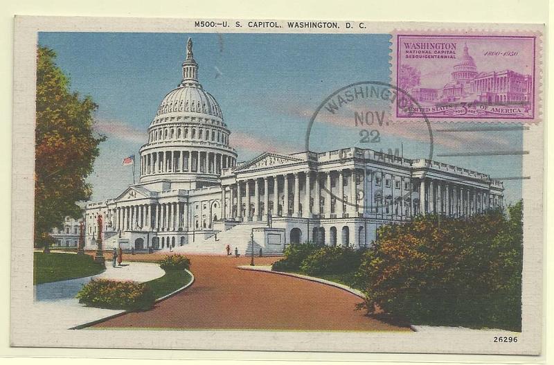 1918.jpg -     Lote:    1918      Lotes pelo Correio              Descrição:         EUA * Capitólio em Washington. 150.º Aniversário. Postal ilustrado concordante com selo de 3c SC992, obliterados com marca de dia de Washington (22.11.50).        PM       Valor Base:     &euro; 5,00     Valor Venda:     Retirado     