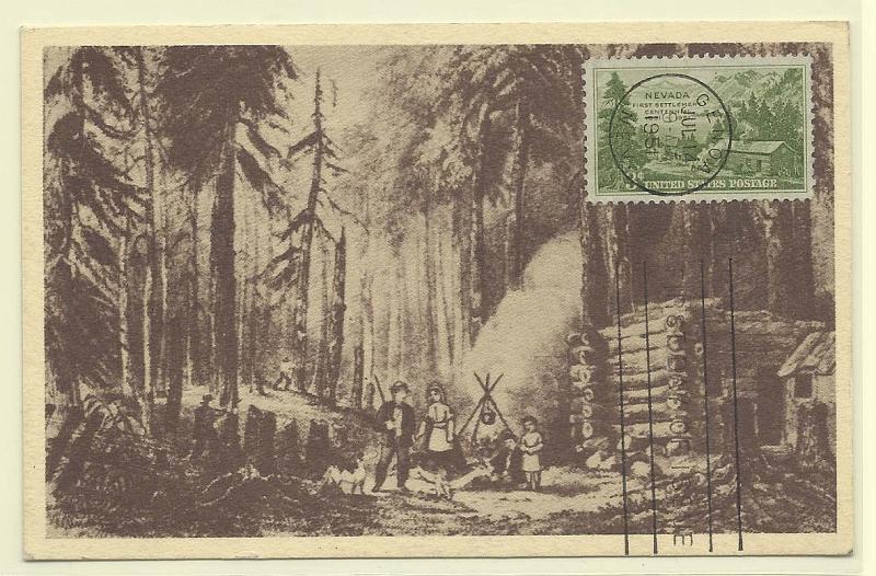 1920.jpg -     Lote:    1920      Lotes pelo Correio              Descrição:         EUA * Nevada &mdash; Centenário da Colonização. Postal ilustrado concordante com selo de 3c verde SC999, obliterados com marca de dia de Genoa (14.07.51 1.º dia circ.).        PM       Valor Base:     &euro; 5,00     Valor Venda:     Retirado     
