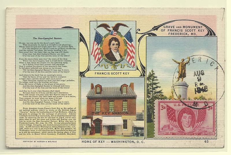 1925.jpg -     Lote:    1925      Lotes pelo Correio              Descrição:         EUA * Francis Scott Key. Postal ilustrado concordante com selo de 3c SC962, obliterados com marca de dia de Frederick (09.08.48 &mdash; 1.º dia de circulação).        PM       Valor Base:     &euro; 5,00     Valor Venda:     Retirado     