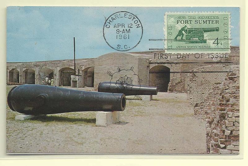 1926.jpg -     Lote:    1926      Lotes pelo Correio              Descrição:         EUA * Centenário da Guerra Civil (1861-1961). Postal ilustrado concordante com selo de 4c verde SC1178, obliterados com marca de dia de Charleston (12.04.61).        PM       Valor Base:     &euro; 5,00     Valor Venda:     Retirado     