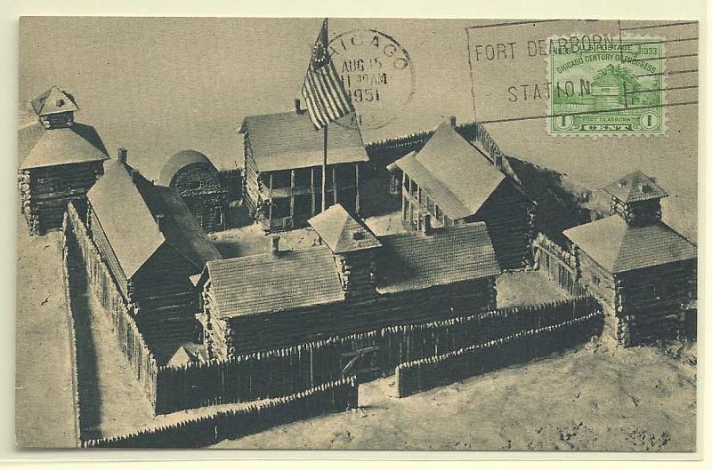 1927.jpg -     Lote:    1927      Lotes pelo Correio              Descrição:         EUA * Restauração do Forte Dearborn em Chicago. Postal ilustrado concordante com selos de 1c verde SC728, obliterados com marca de dia de Chicago (15.08.51).        PM       Valor Base:     &euro; 5,00     Valor Venda:     Retirado     