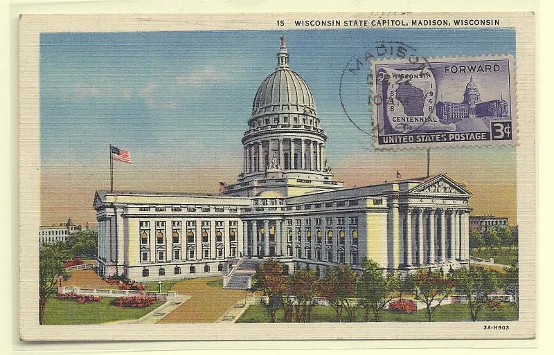 1928.jpg -     Lote:    1928      Lotes pelo Correio              Descrição:         EUA * Wisconsin State Capitol em Madison. Postal ilustrado cocordante com selo de 3c comemorativo do Centenário (1848-1948) SC957, com marca de dia de Madison (22.12.49).        PM       Valor Base:     &euro; 5,00     Valor Venda:     Retirado     
