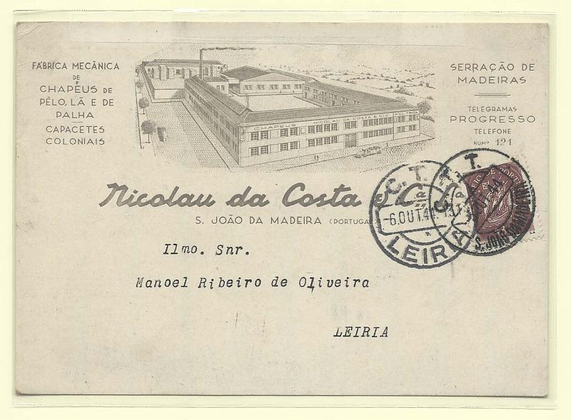 1963.jpg -     Lote:    1963      Lotes pelo Correio              Descrição:         Publicidade. S. João da Madeira &mdash; Nicolau da Costa (Indústria de chapéus).        PI       Valor Base:     &euro; 7,00     Valor Venda:     Retirado     