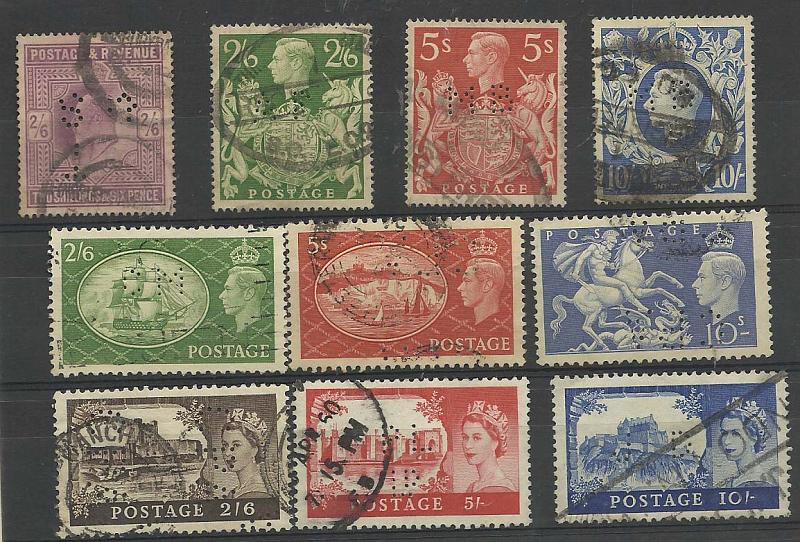 1994.jpg -     Lote:    1994      Lotes pelo Correio              Descrição:         Perfurados. Inglaterra. Lote com 10 selos de valores elevados, perfurados com diversas perfurações. Lote a ver.        Lote       Valor Base:     &euro; 12,00     Valor Venda:     &euro; 12,00       