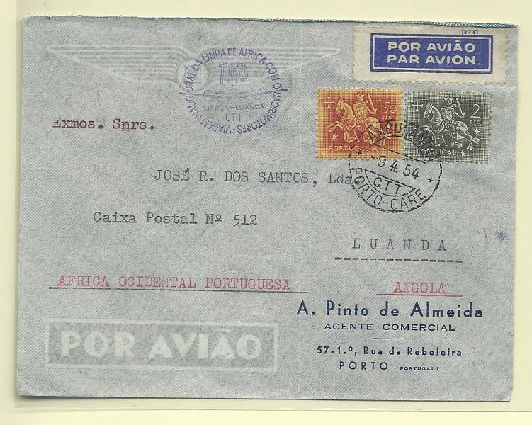 2012.jpg -     Lote:    2012      Lotes pelo Correio              Descrição:         1954 &mdash; Viagem inaugural da Linha de África com quadrimotores. Sobrescrito circulado de Porto-Gare (09.04.54) para Luanda (12.04.54) com selos de 1$50 e 2$00 tipo Cavaleiro Medieval.        Aéreo       Valor Base:     &euro; 6,00     Valor Venda:     &euro; 6,00       