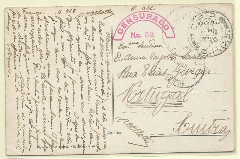 2016.jpg -     Lote:    2016      Lotes pelo Correio              Descrição:         1.ª Guerra Mundial. Isentos de franquia e censuras. Postal ilustrado circulado do SPC5 (26.02.18) para Sintra. Censurado.        PI       Valor Base:     &euro; 5,00     Valor Venda:     Retirado     